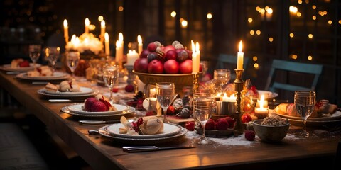 Festive table setting for Christmas or other celebration in dark room. Selective focus.