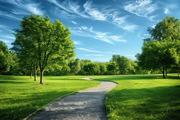 curving pathway in a park, vibrant green grass on either side, rows of lush trees, clear blue sky with scattered clouds above