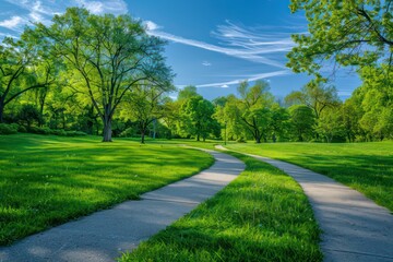 curving pathway in a park, vibrant green grass on either side, rows of lush trees, clear blue sky with scattered clouds above