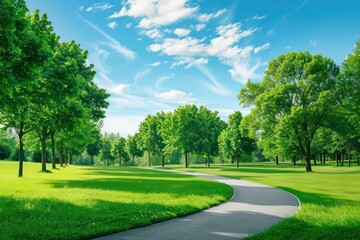 curving pathway in a park, vibrant green grass on either side, rows of lush trees, clear blue sky with scattered clouds above