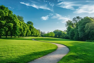 Obraz premium curving pathway in a park, vibrant green grass on either side, rows of lush trees, clear blue sky with scattered clouds above