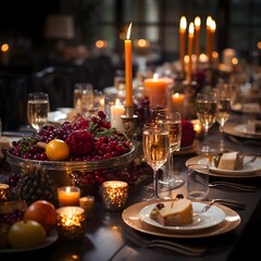 Obraz na płótnie Canvas Table setting for christmas dinner. Festive table decoration with candles and fruits