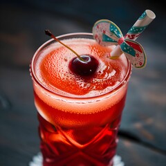 Virgin Cocktail Drink with a Cherry and Straw