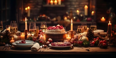 Christmas table with food and wine. Selective focus. Holiday.