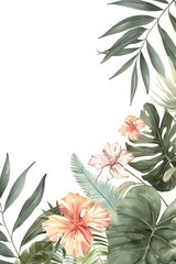 exotic tropical leaves border, delicate watercolour, muted colours, elegant flowers, handpainted look, white background, elegant, delicate, tropical, watercolour, border