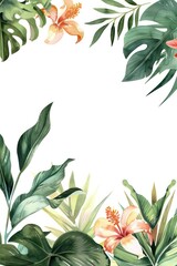 exotic tropical leaves border, delicate watercolour, muted colours, elegant flowers, handpainted look, white background, elegant, delicate, tropical, watercolour, border