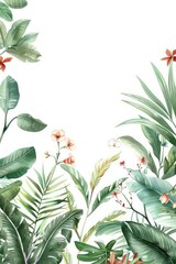 exotic tropical leaves border, delicate watercolour, muted colours, elegant flowers, handpainted look, white background, elegant, delicate, tropical, watercolour, border