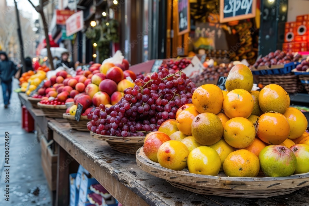 Poster a table full of fruit including apples, oranges, and grapes. the fruit is displayed in baskets and i