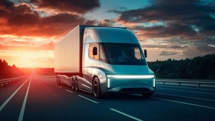 Obraz premium Concept design of a futuristic electric trucks on the highway, future sustainable logistics concepts