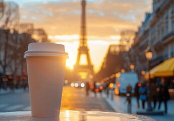A white paper coffee cup with a plastic lid stands on a the eiffel tower in paris
