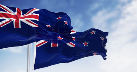 Close-up view of the New Zealand national flag waving in the wind