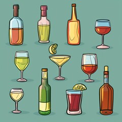 alcoholic beverages in bottles and glasses, in glasses: draw style depiction of drink variety and glassware diversity