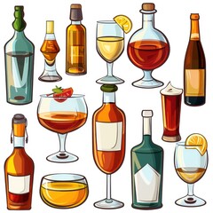 alcoholic beverages in bottles and glasses, in glasses: draw style depiction of drink variety and glassware diversity