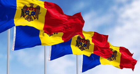 Moldova national flags waving in the wind on a clear day
