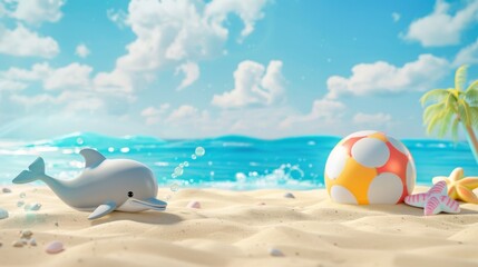 Obraz premium Blank mockup of a playful beach flag with a cartoon dolphin and beach ball print perfect for a familyfriendly beach event. .