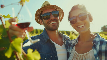 Happy young couple in a vineyard toasting with red wine, wearing sunglasses and a hat smiling at the camera on a sunny day - Powered by Adobe