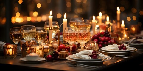 Festive table setting with white wine, candles and glasses. Christmas, New Year celebration. - Powered by Adobe