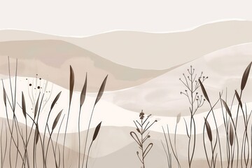 artwork with wild spring meadow landscape, beige and white muted colors, mid century modern art, clean and minimalistic style