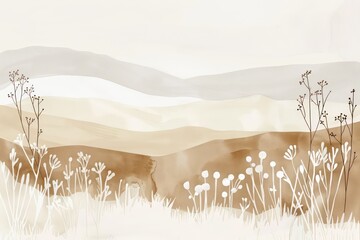 artwork with wild spring meadow landscape, beige and white muted colors, mid century modern art, clean and minimalistic style