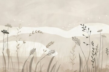 artwork with wild spring meadow landscape, beige and white muted colors, mid century modern art, clean and minimalistic style