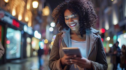 a woman with curly hair smiling and looking at a tablet on the streets