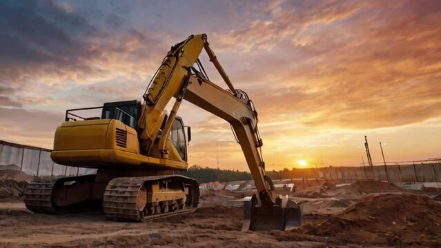 Excavator or digger at construction Site during sunset. Heavy industry created with generative ai.