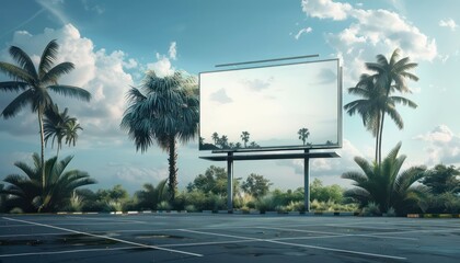 billboard on empty parking lot with tropical landscape