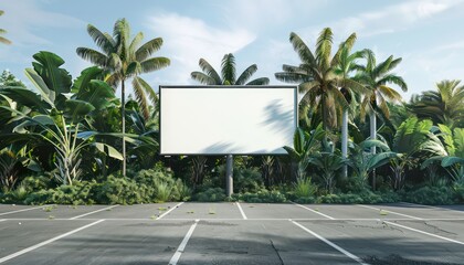 billboard on empty parking lot with tropical landscape