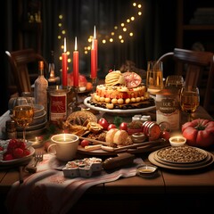 Table served for Christmas dinner. Festive table with food and drinks.