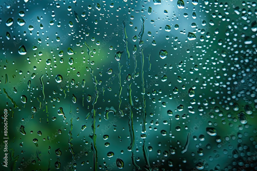 Poster the image is of raindrops on a window, creating a blurry and hazy effect. the drops are scattered al
