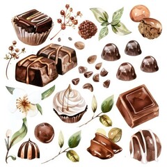 chocolate, caramel in white background with delicate and vivid watercolors