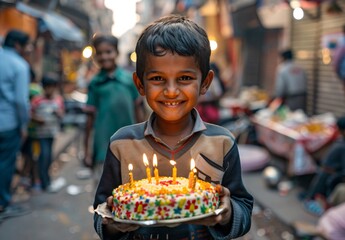 A young Indian boy holding a birthday cake with candles