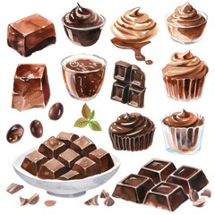 chocolate, caramel in white background with delicate and vivid watercolors