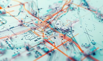 city map, transport infrastructure schemes, digital thin lines, geometric subtle elements, interface-like, white background