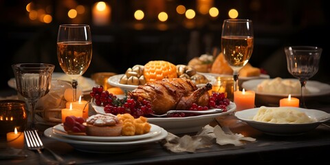 Panoramic view of christmas table with roasted turkey and candles