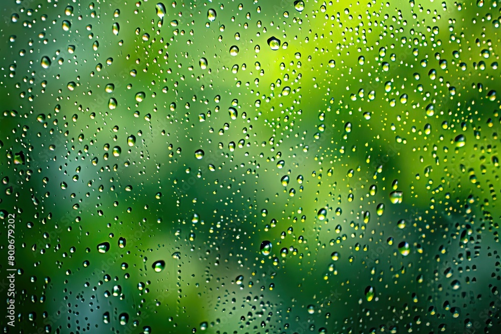 Poster a green background with raindrops on it. the raindrops are small and scattered throughout the image