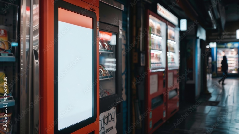 Poster blank mockup of a vending machine featuring a touch screen interface for easy ordering. .