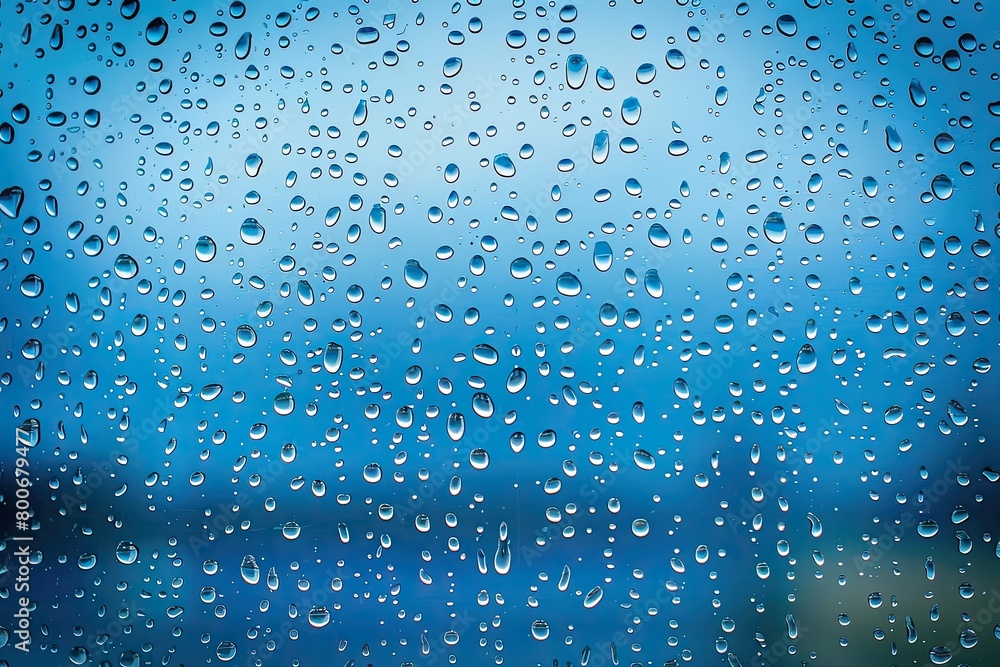 Poster the image is of a window with raindrops on it. the drops are scattered all over the window, creating