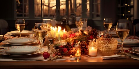 Fototapeta na wymiar Festive table setting for Christmas and New Year. Selective focus. Holiday.