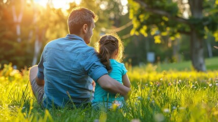 Fototapeta premium Man and Little Girl Sitting in Grass