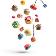 colorful flying sweets baked goods on white background