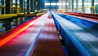 conveyor blue and red line in a warehouse, natural light, colourful, vibrant, high-energy imagery, long exposure, sunlight
