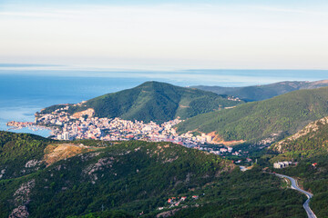 Panoramic view of Budva city from the mountain in Montenegro. Coastal town and mountains view from above