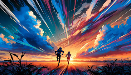 Fototapeta premium anime boy and girl running from behind lighting