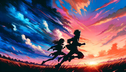 anime boy and girl running from behind lighting