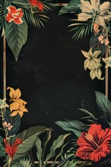 vintage-style black bold poster framed with decent decorative tropical flowers at the corners and the bottom - obrazy, fototapety, plakaty