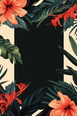 vintage-style black bold poster framed with decent decorative tropical flowers at the corners and the bottom