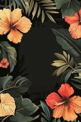 vintage-style black bold poster framed with decent decorative tropical flowers at the corners and the bottom