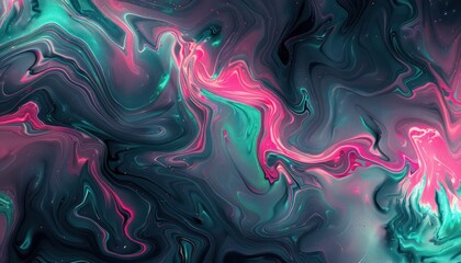 liquid marble fluid painting pink and teal swirly lunar ripples iridescent - obrazy, fototapety, plakaty