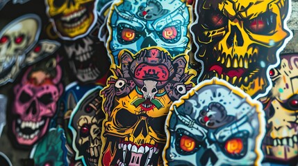 multiple awesome design worn colorful angry monster Skulls and bone stickers on top of each other, Street art style